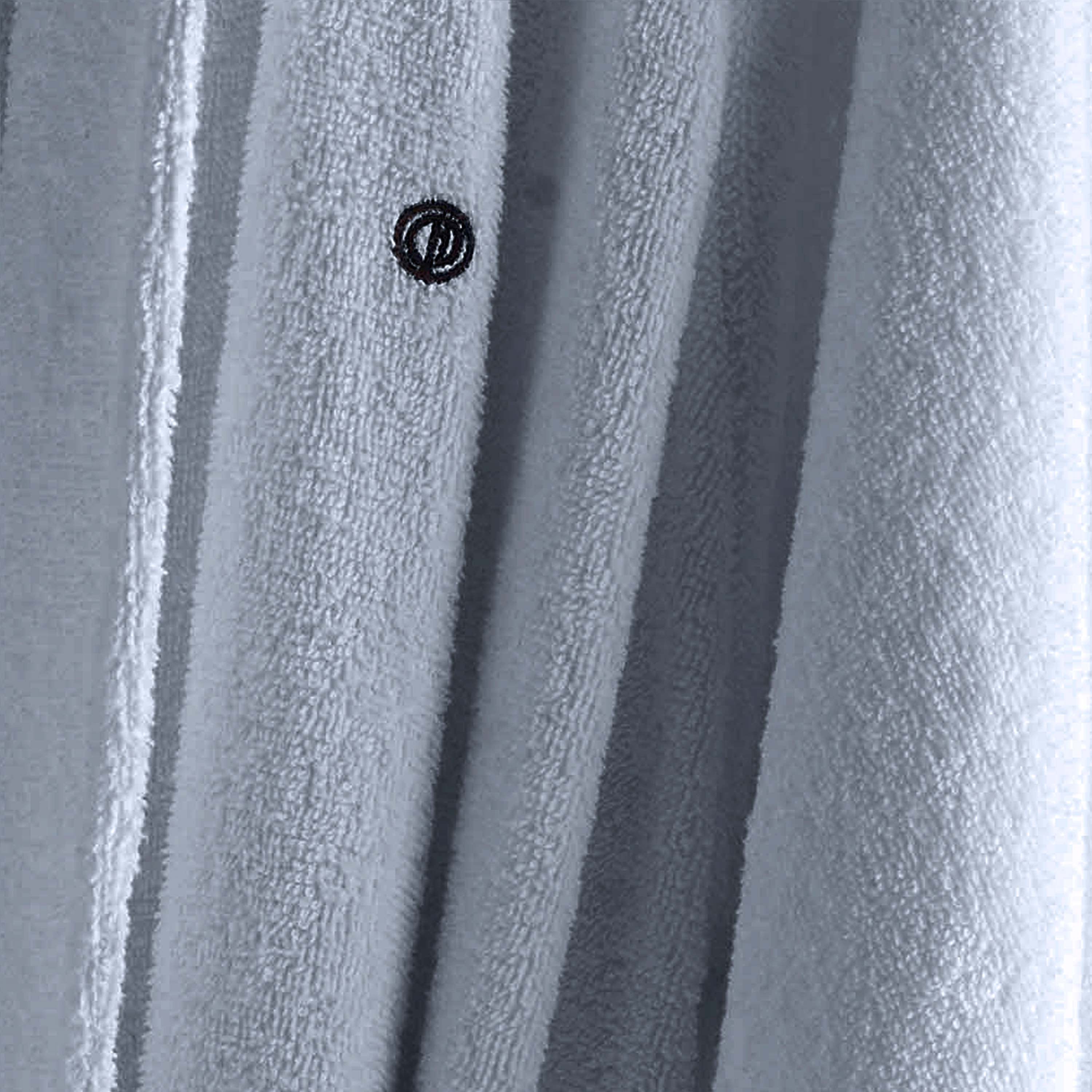 Light gray terry bath robe with low lint texture and a small embroidered logo.