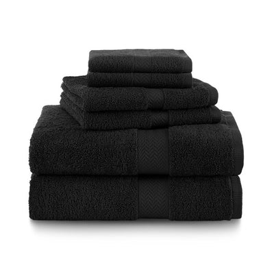Six black towels stacked in varying sizes, featuring a textured band design.