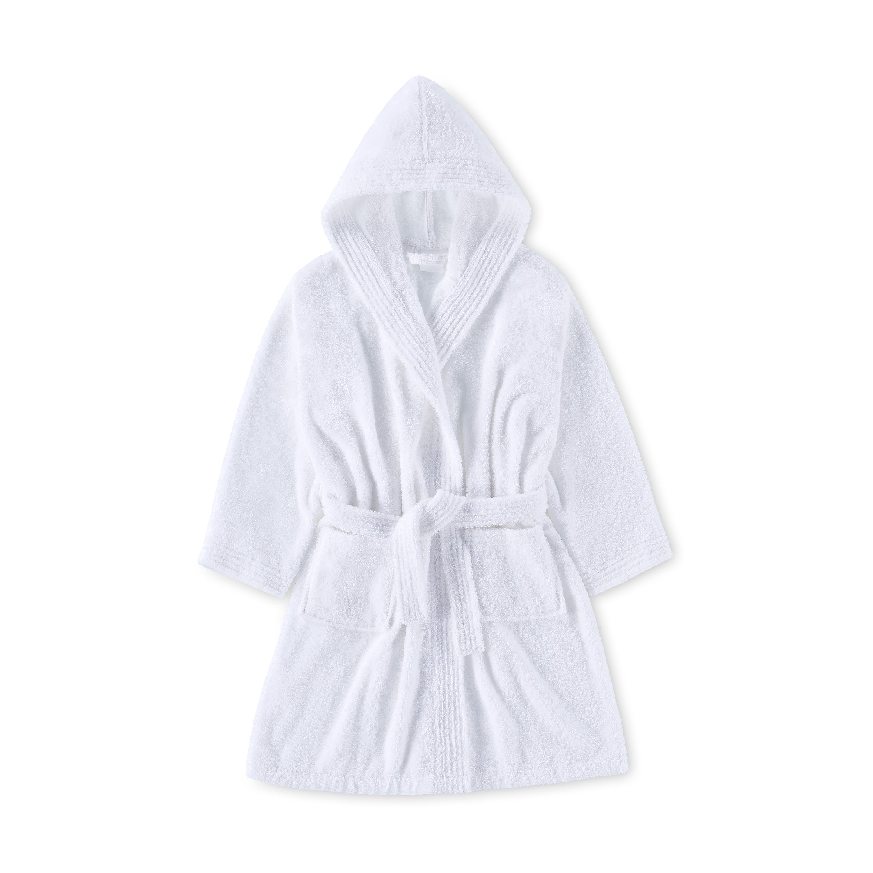 White hooded bath robe with a belt and two front pockets, designed for youth.