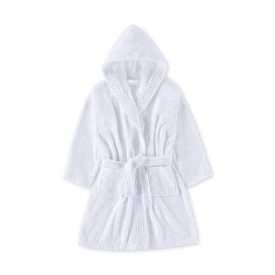 White hooded bath robe with a belt and two front pockets, designed for youth.