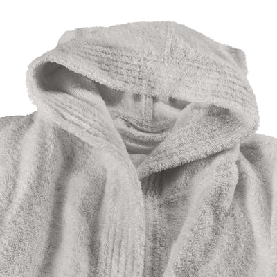 Hooded bath robe in soft fabric with a textured design, featuring a front opening and a cozy hood.