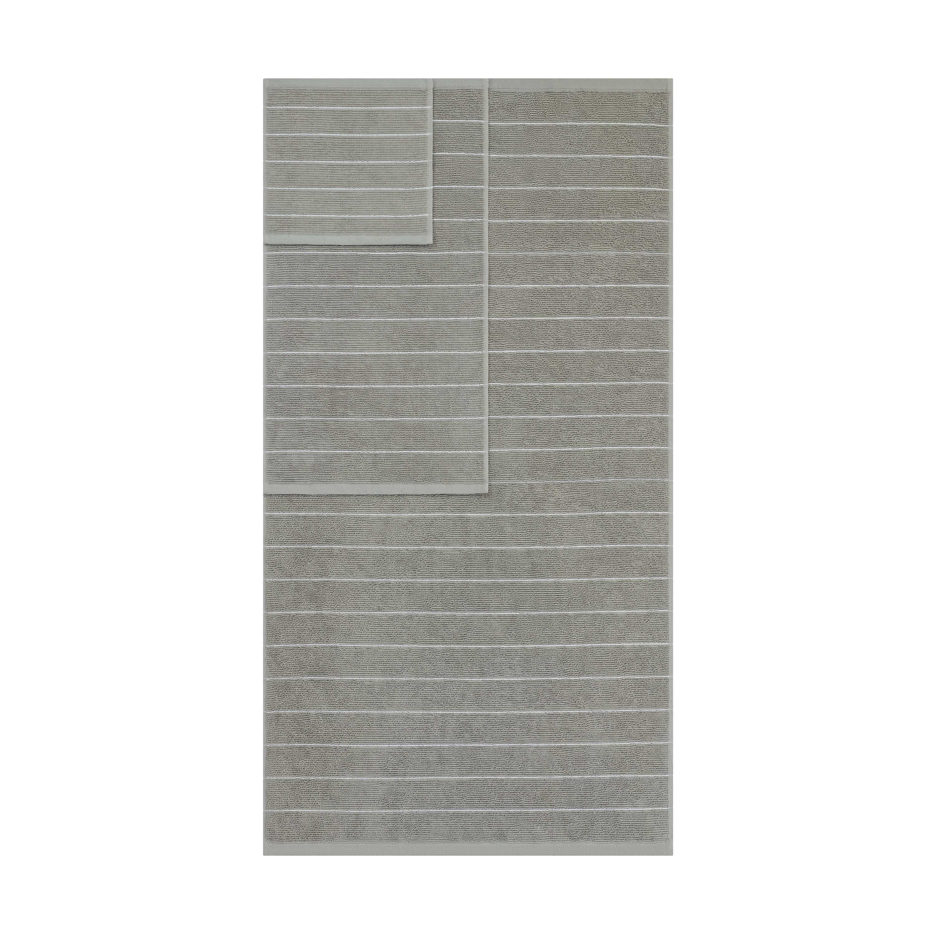 Three towels in varying sizes featuring a slub stripe pattern in gray and white.
