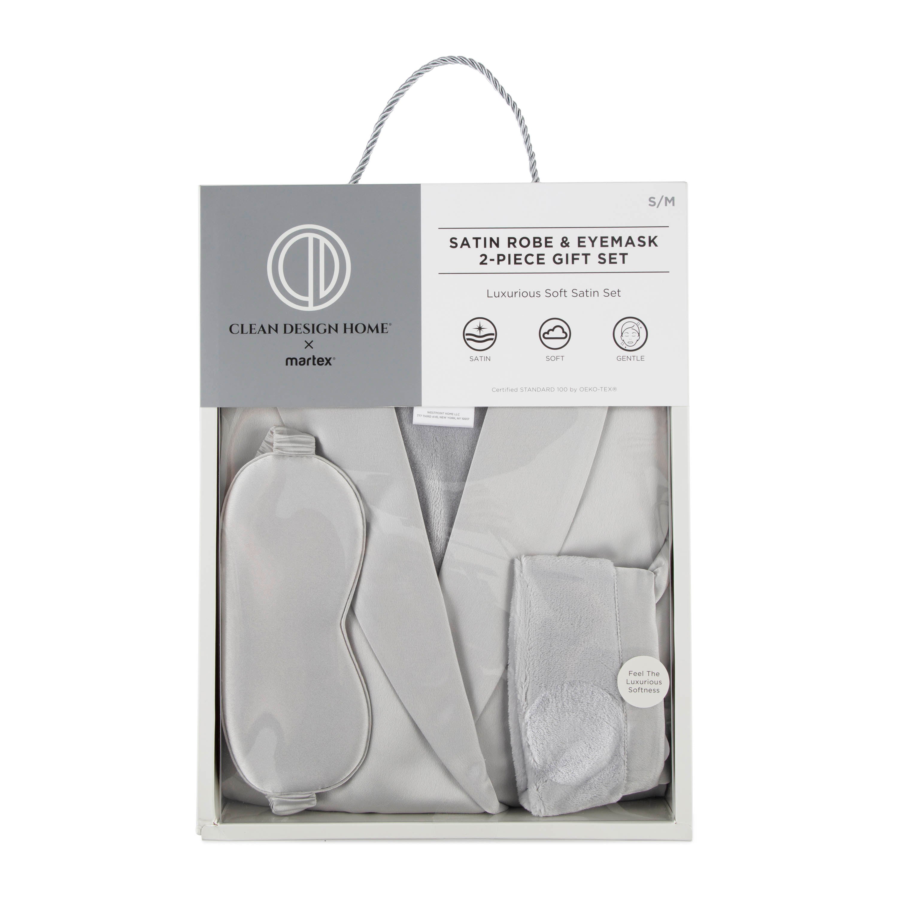 Satin robe and eyemask gift set in a gray box with a handle, featuring soft satin material.