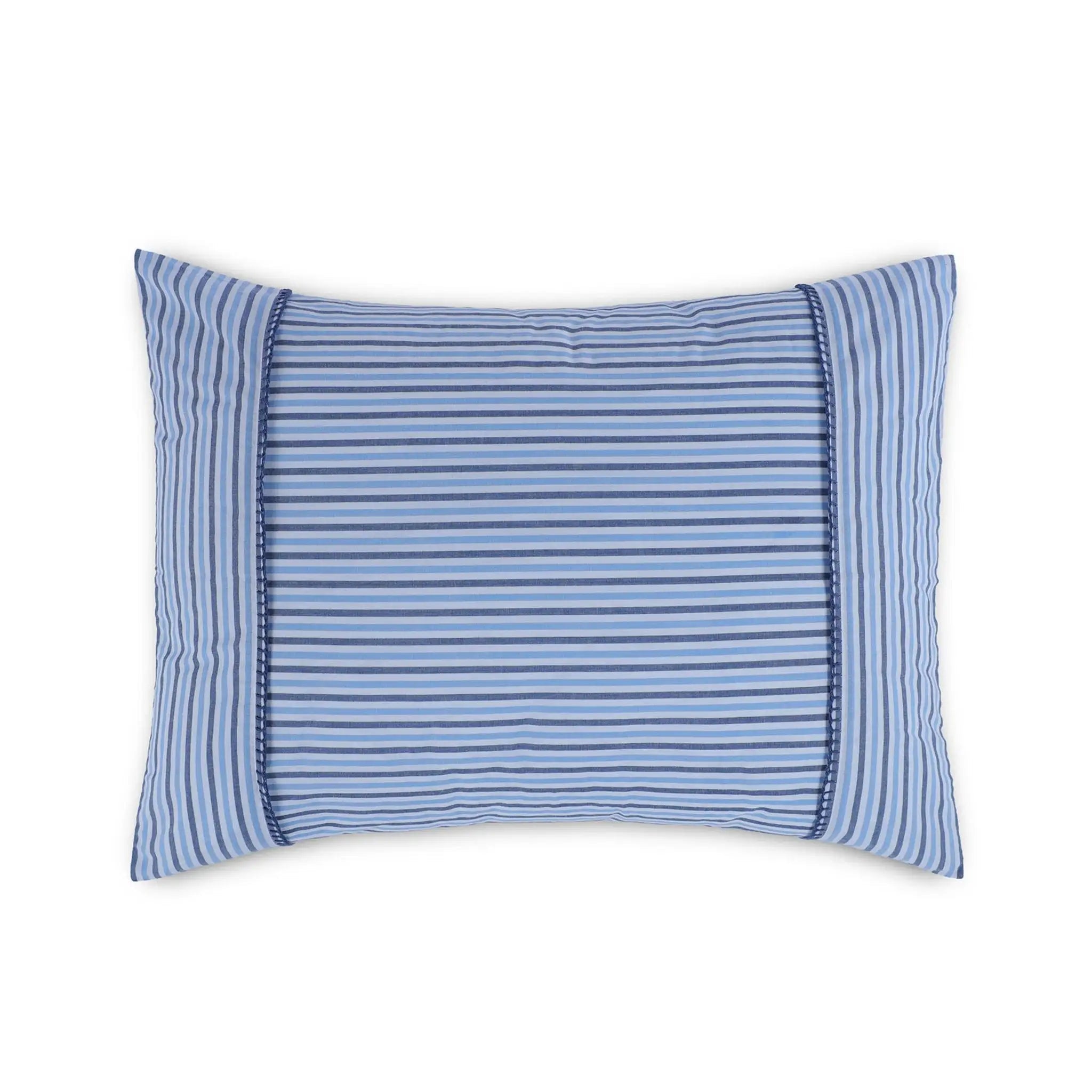 A rectangular pillow sham with a blue and white striped pattern, featuring a solid blue center panel bordered by narrow stripes, shown on a plain white background.
