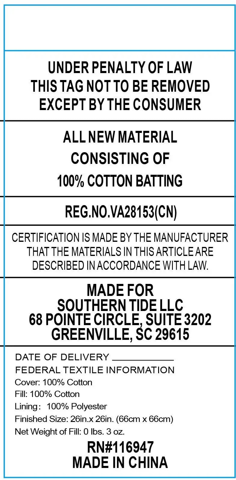 Text label for cotton batting with certification details and manufacturing information.