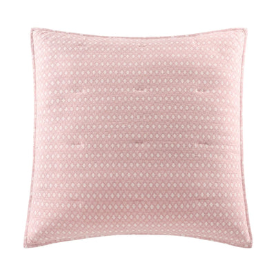 A square euro in light pink fabric with a small white geometric pattern and tufted button details, shown against a plain white background.