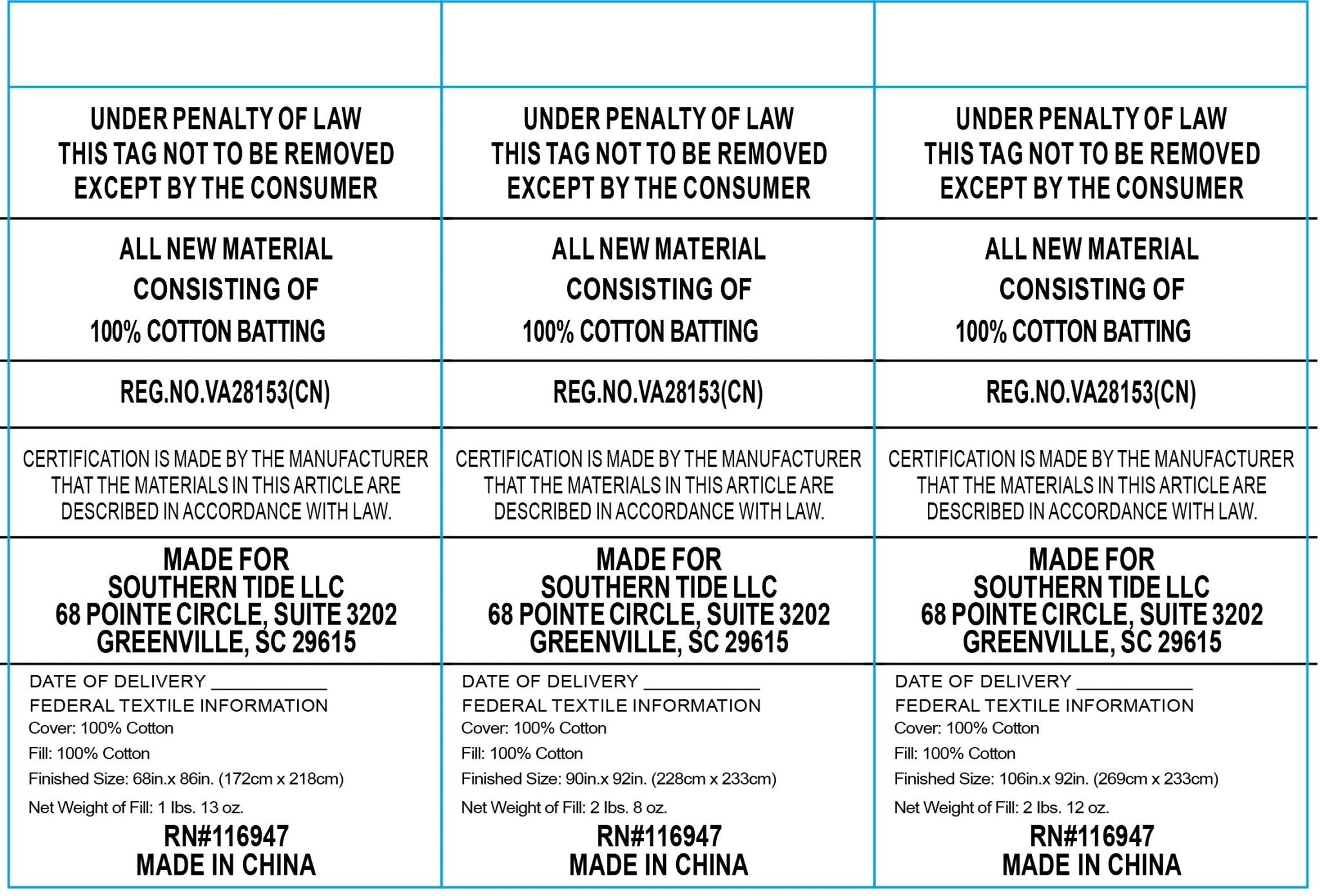 Text labels for cotton batting with certification details and manufacturing information.