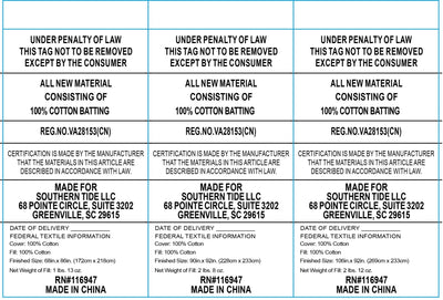 Text labels for cotton batting with certification details and manufacturing information.