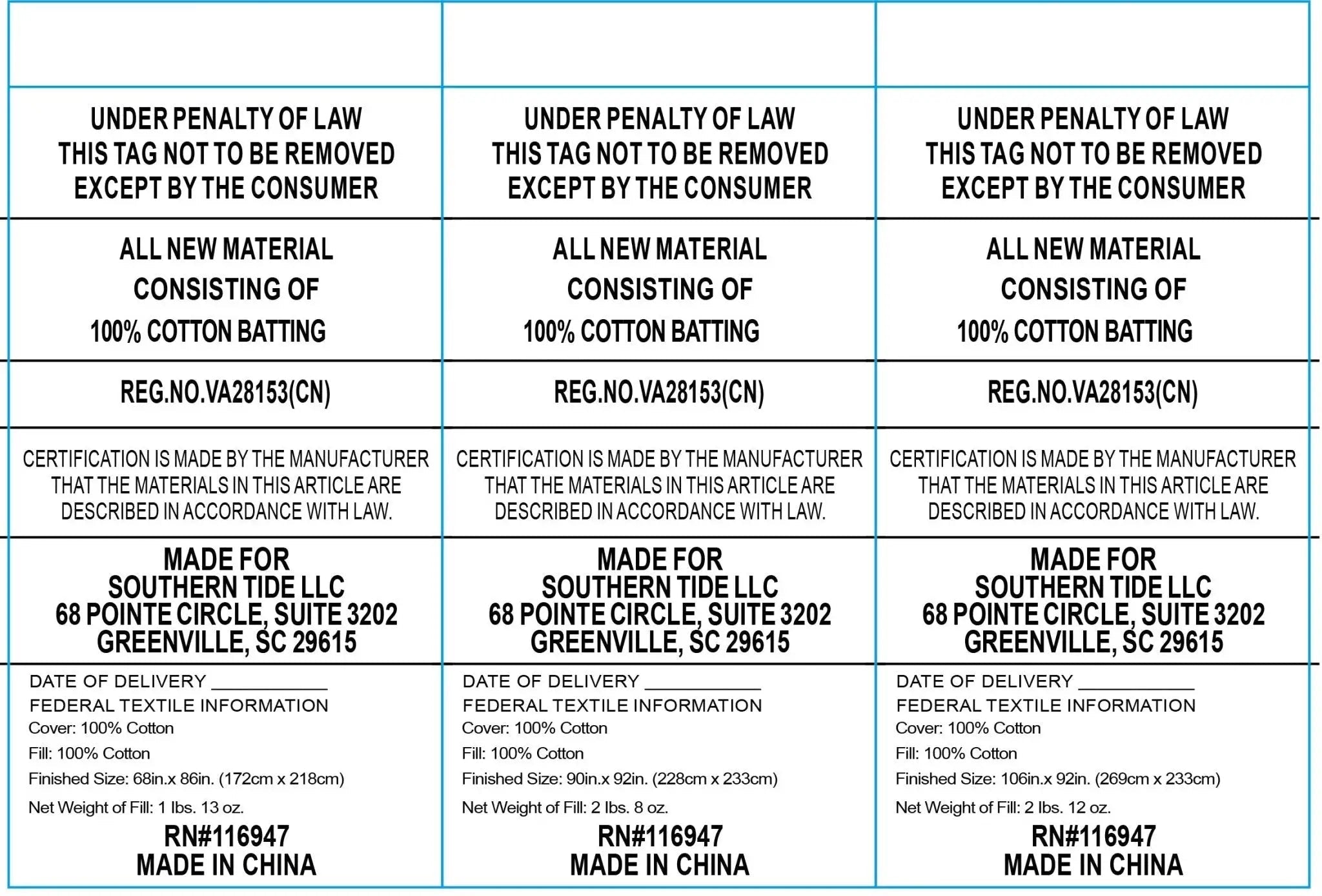 Text labels for cotton batting with certification details and manufacturing information.