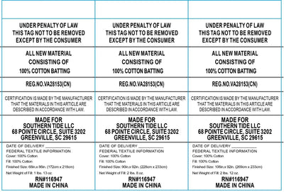 Text labels for cotton batting with certification details and manufacturing information.