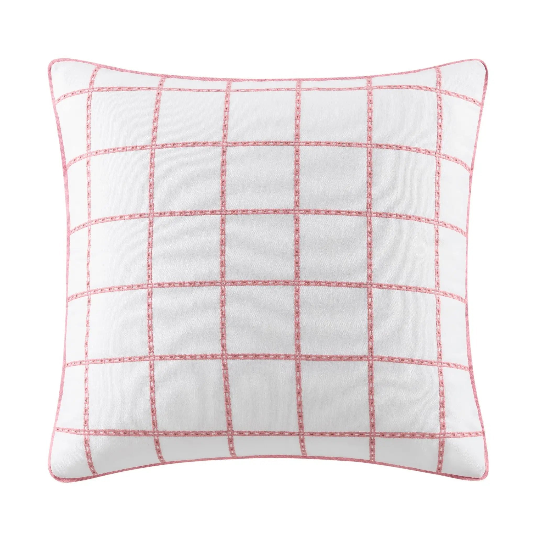 A square white pillow sham reverse side with a pink stitched windowpane grid pattern and a matching pink piped edge, shown on a plain white background.
