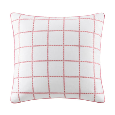 A square white pillow sham reverse side with a pink stitched windowpane grid pattern and a matching pink piped edge, shown on a plain white background.