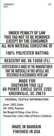 Text label for cotton batting with certification details and manufacturing information.