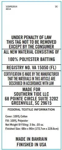 Text label for cotton batting with certification details and manufacturing information.