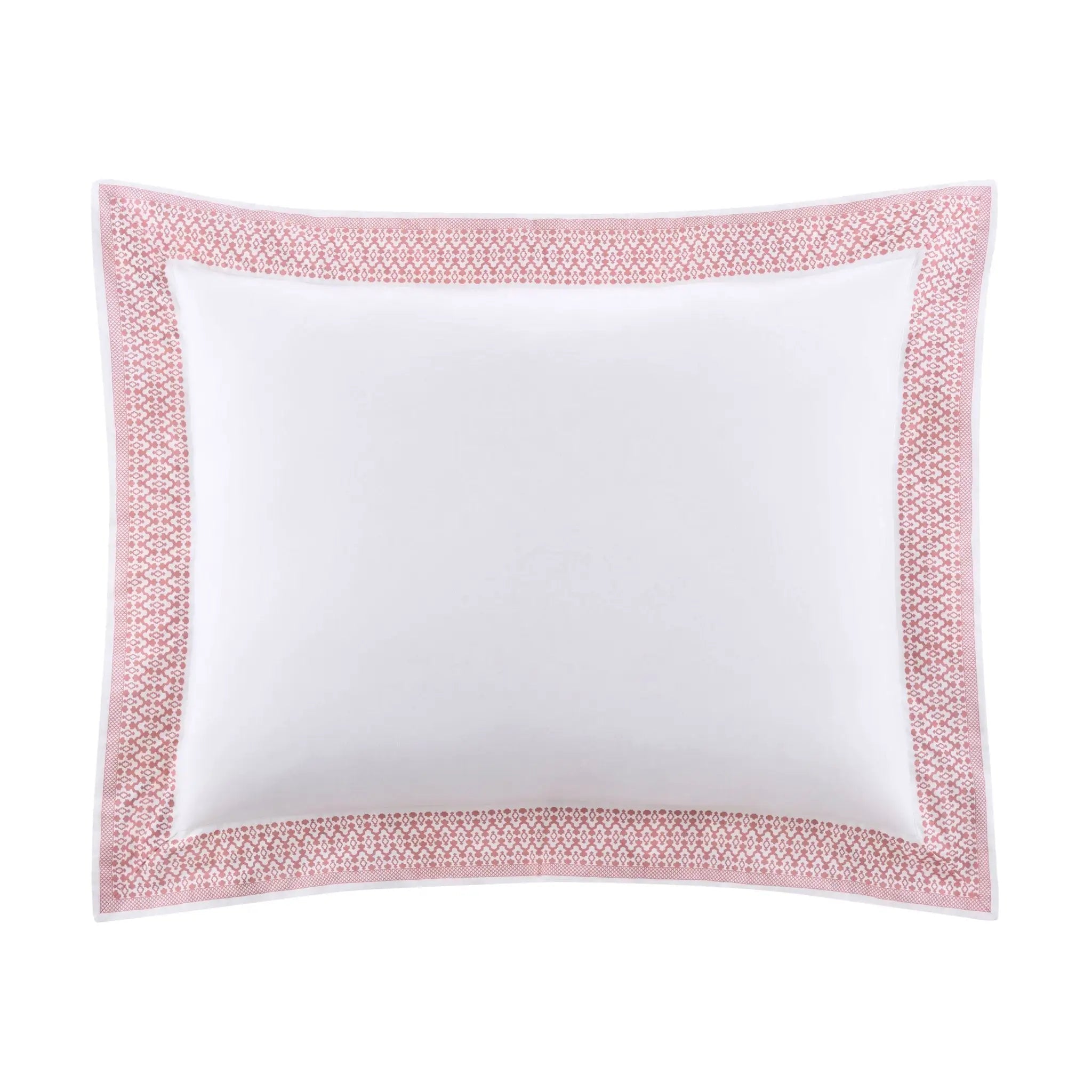 A white pillow sham with a decorative light pink geometric border, shown against a plain white background.