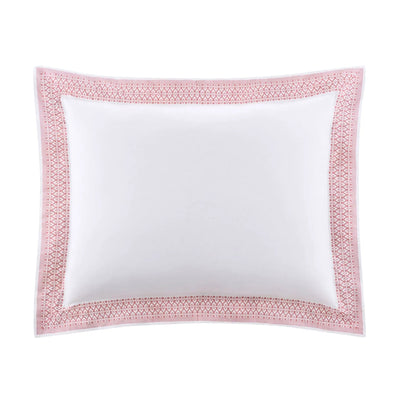 A white pillow sham with a decorative light pink geometric border, shown against a plain white background.
