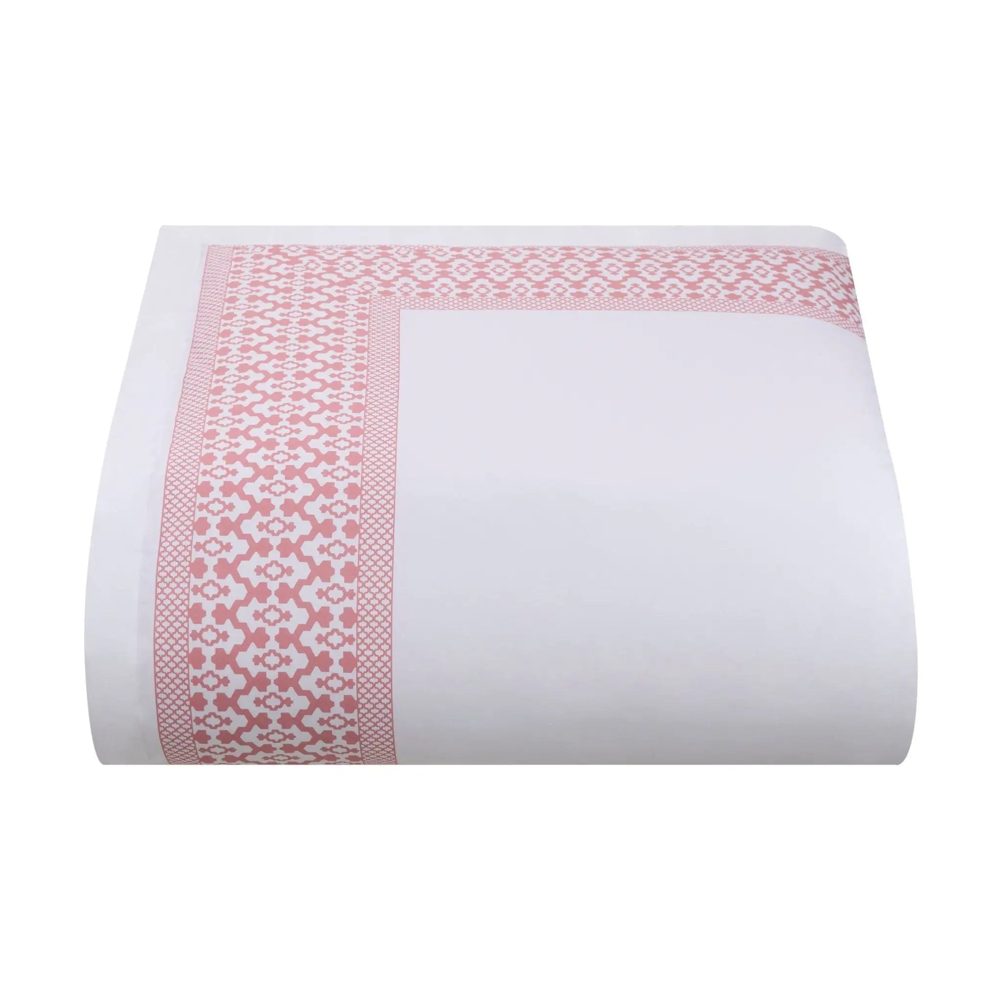 A folded white comforter, featuring a decorative pink patterned border on one side, shown against a plain white background.