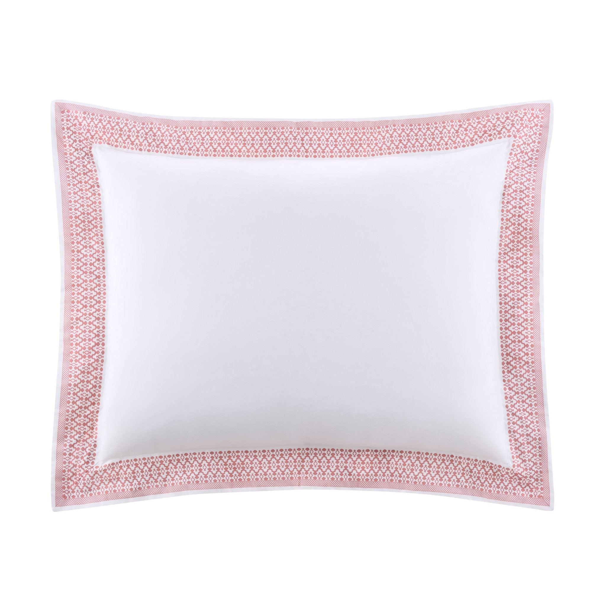 White pillow sham with pink decorative border on a white background