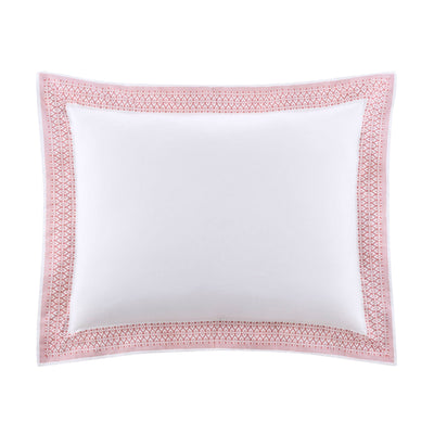 White pillow sham with pink decorative border on a white background
