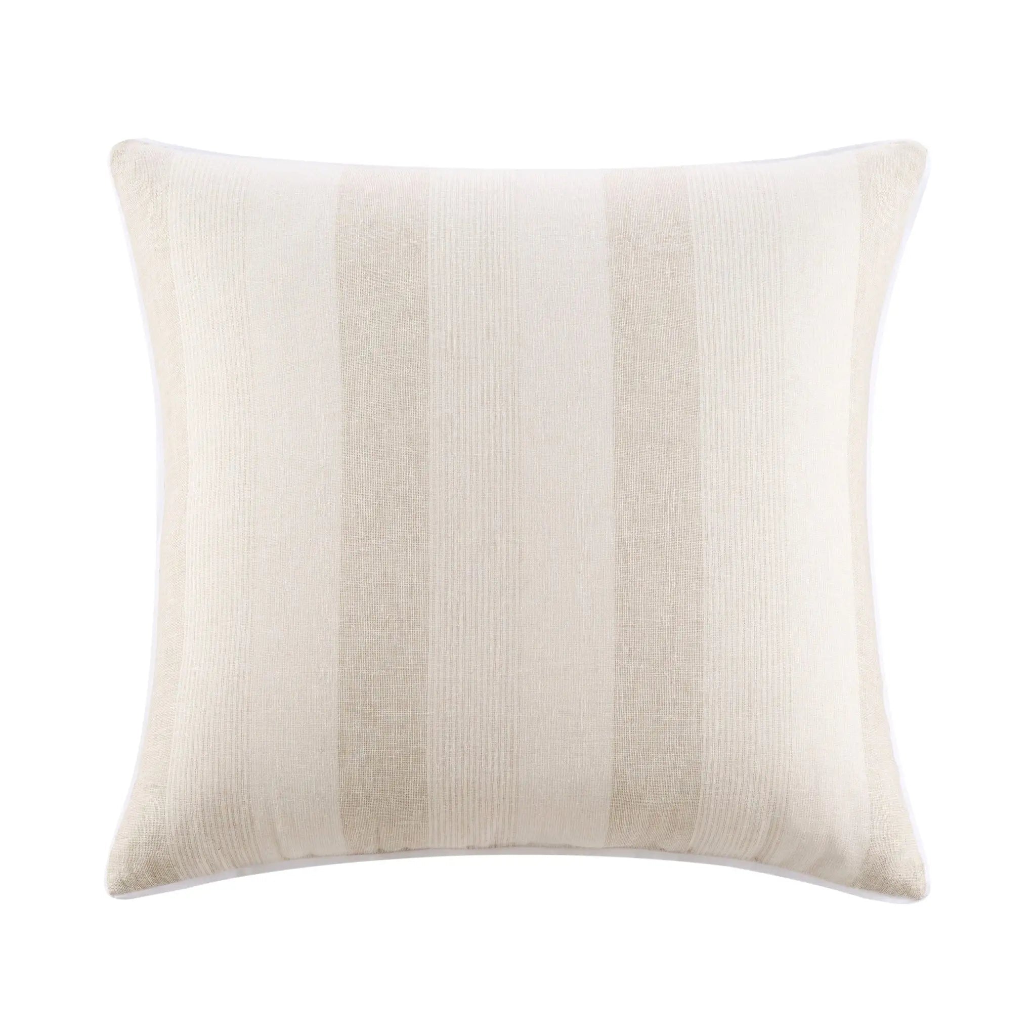 A square decorative throw pillow with vertical stripes in cream and light beige, featuring a textured corduroy-like fabric, shown against a plain white background.