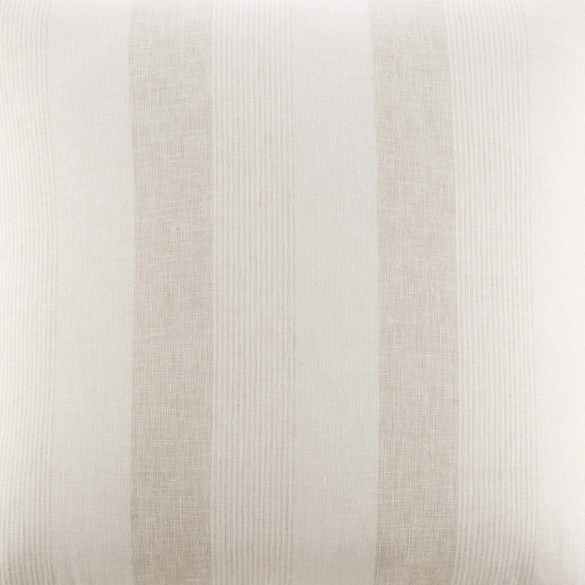 A close-up of a striped fabric texture in warm off-white and light beige vertical stripes.