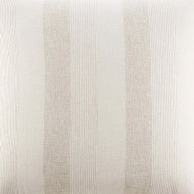 A close-up of a striped fabric texture in warm off-white and light beige vertical stripes.