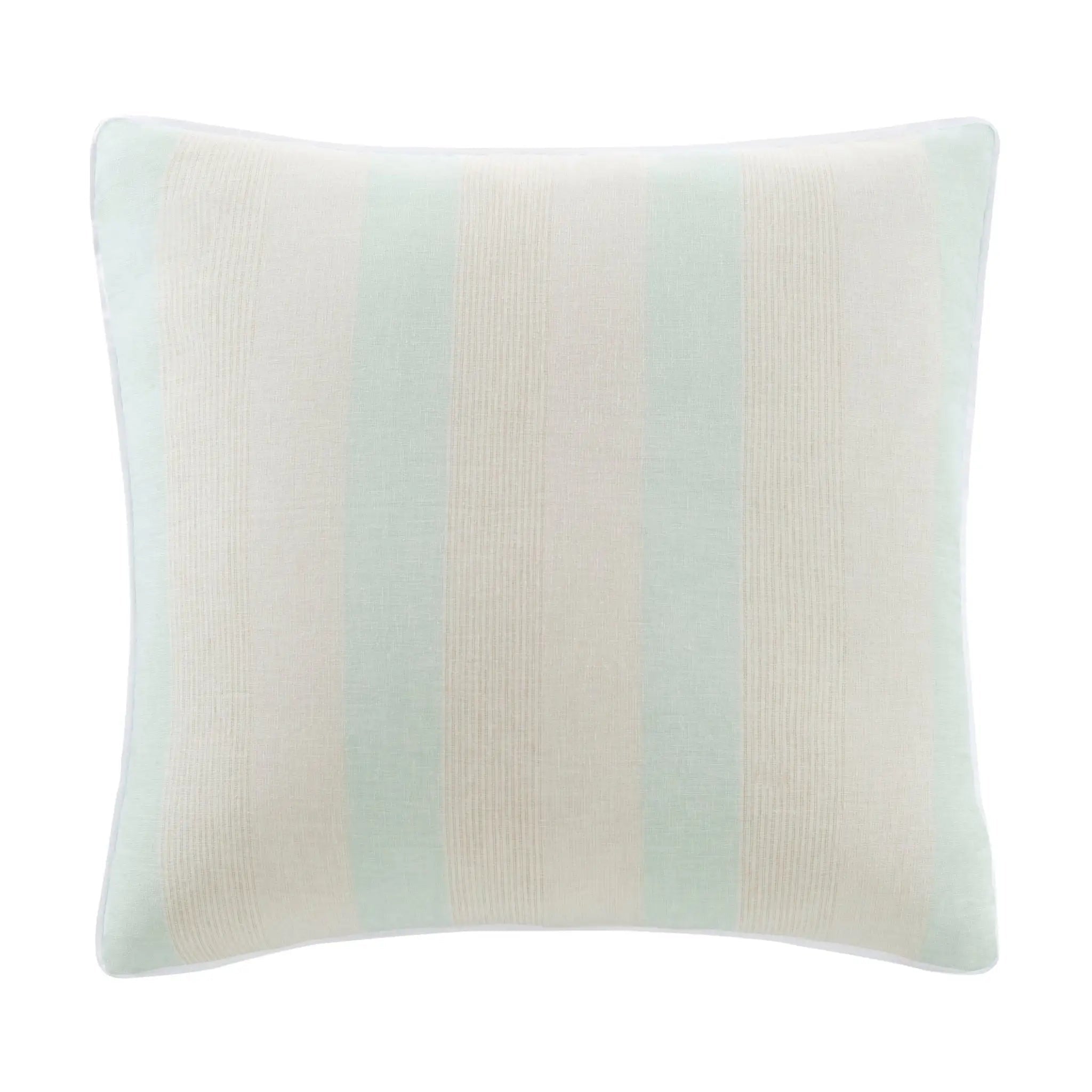 A square throw pillow featuring vertical stripes in pale mint green and cream, set against a plain white background.