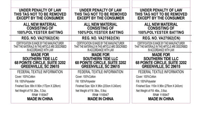 Text labels for cotton batting with certification details and manufacturing information.