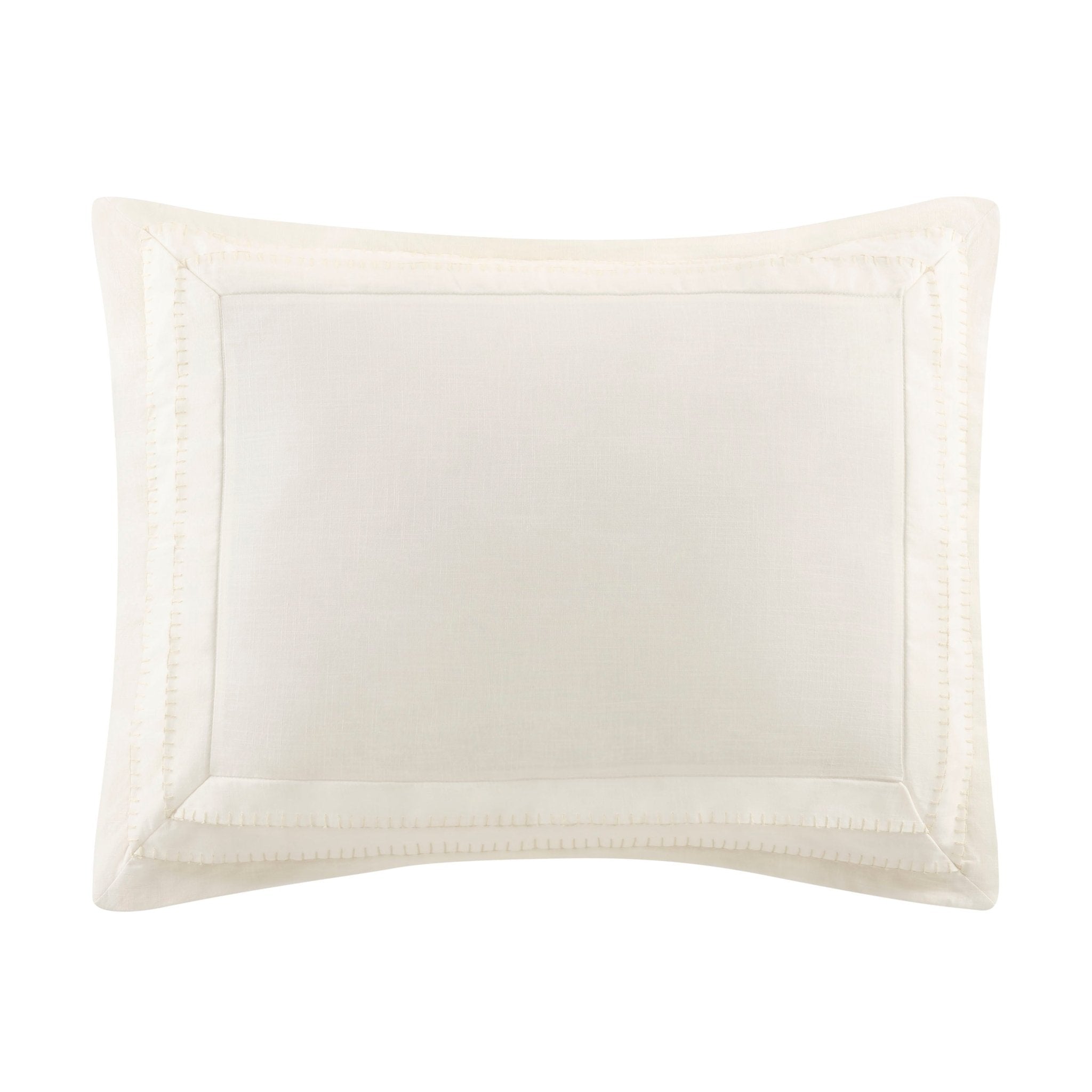 White pillow sham with decorative trim on a white background