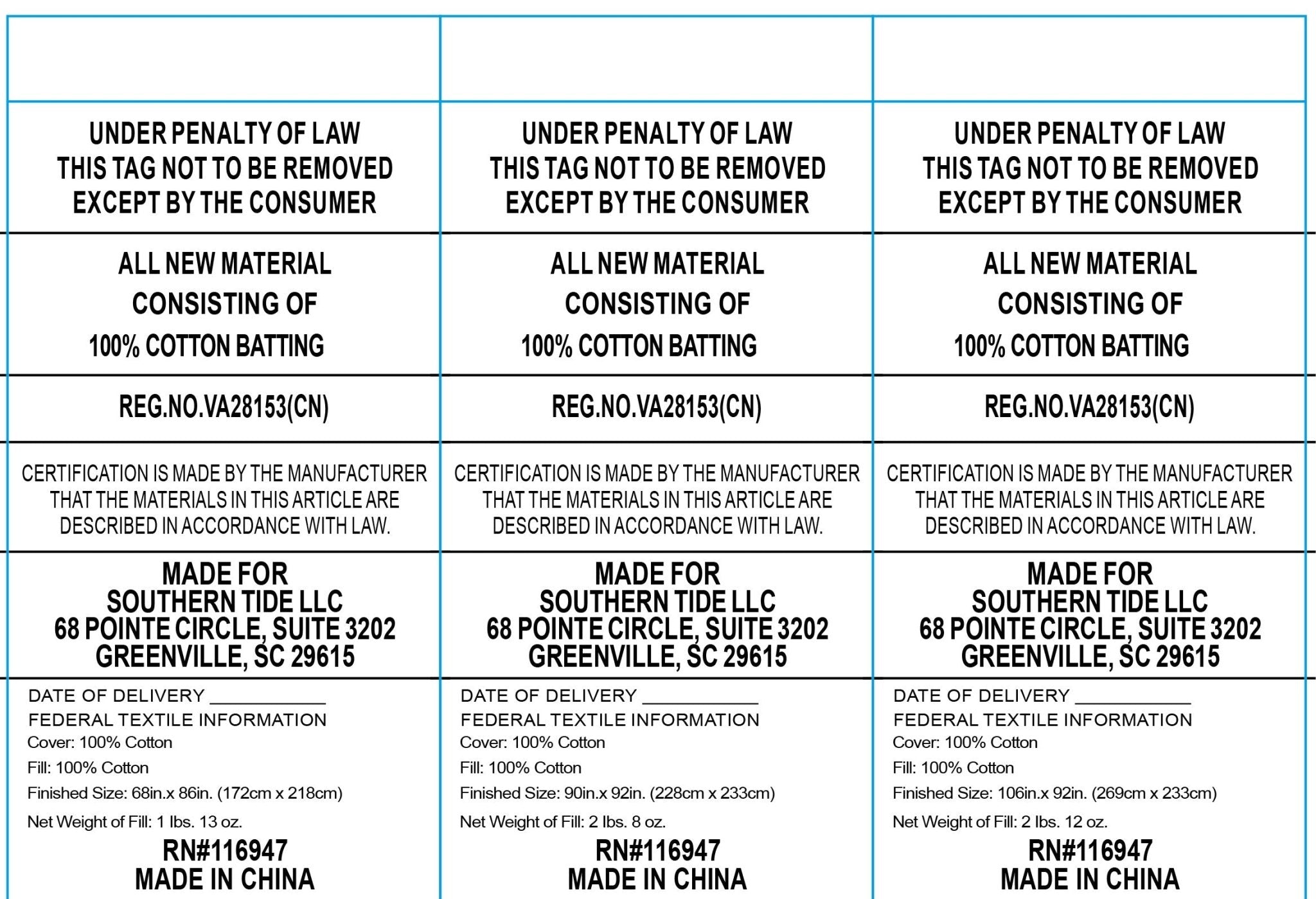 Multiple labels with text and product details on a white background