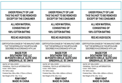 Text labels for cotton batting with certification details and manufacturing information.