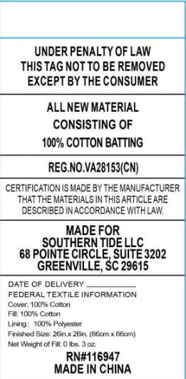 Text labels for cotton batting with certification details and manufacturing information.