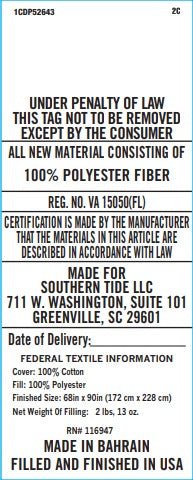 Product label with text about material composition, certification, and manufacturing details.