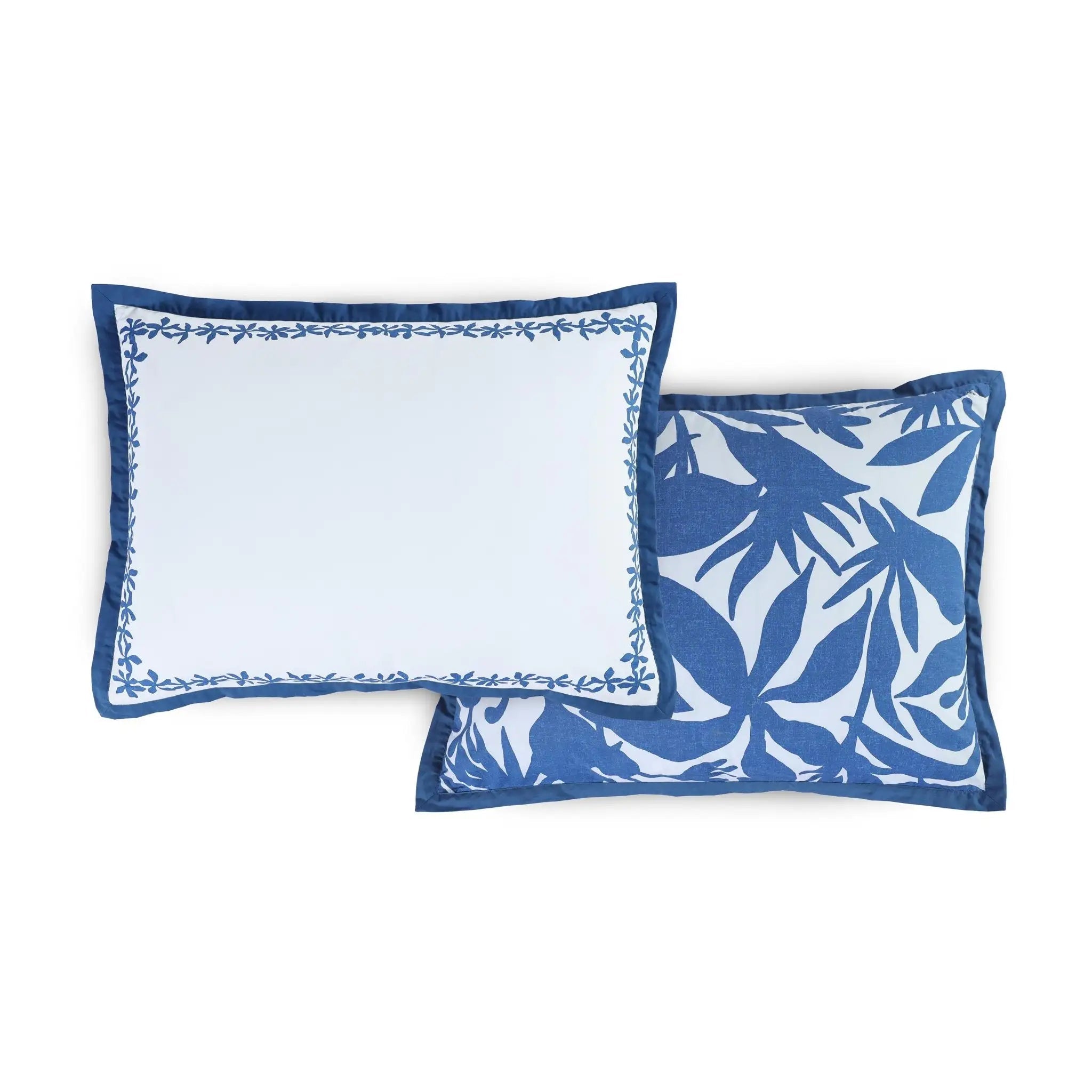 Two pillow shams with blue and white patterns on a white background