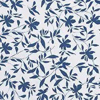 A repeating floral pattern featuring dark blue stylized flowers and leaves on a white background.