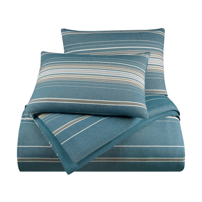Blue striped comforter set with two pillow shams on a white background