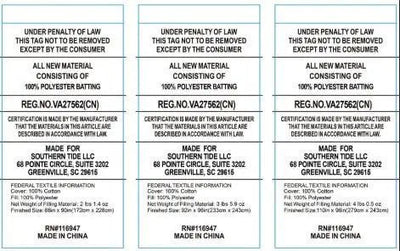Text labels for cotton batting with certification details and manufacturing information.