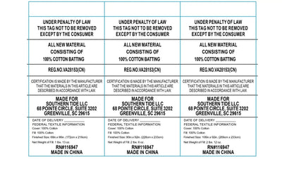Text labels for cotton batting with certification details and manufacturing information.