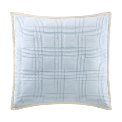 Light blue textured euro sham with a beige border on a white background
