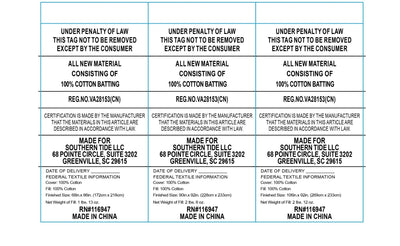 Three identical labels for a product made in China, featuring text about material composition and manufacturing details.