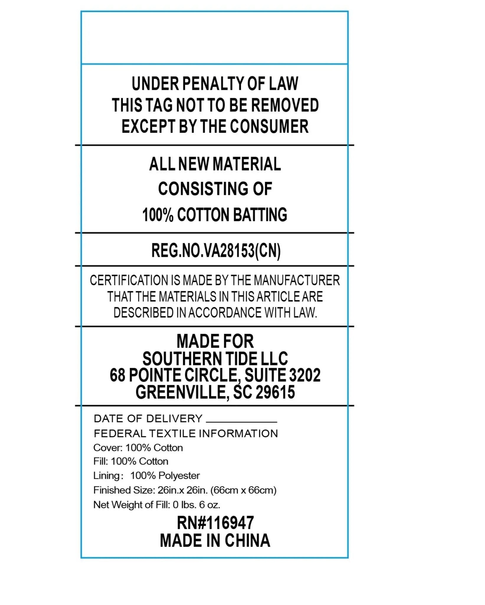 Text labels for cotton batting with certification details and manufacturing information.