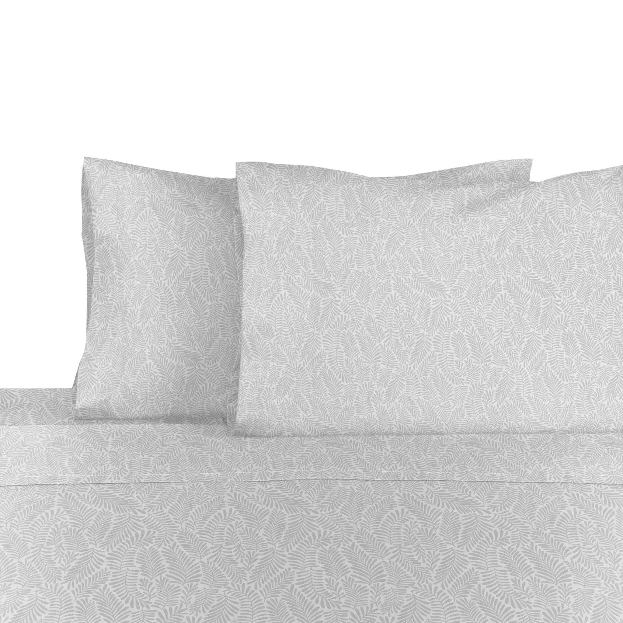 Gray patterned bed sheet set with two pillows on a white background