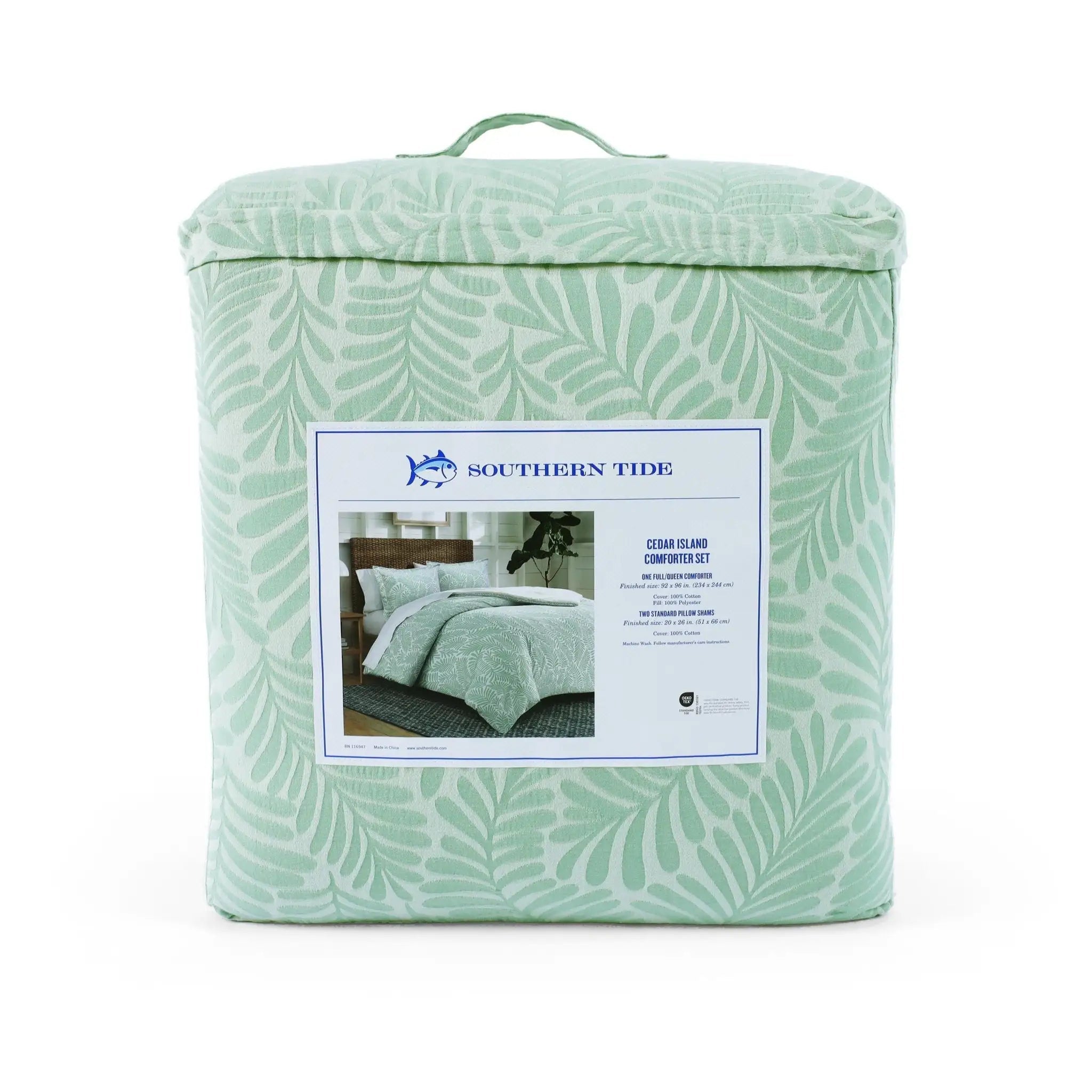 Southern Tide Ocean Island Comforter Set in its packaging, featuring a light mint green and white palm leaf pattern with a central product label.