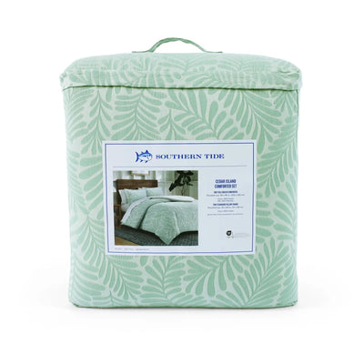 Southern Tide Ocean Island Comforter Set in its packaging, featuring a light mint green and white palm leaf pattern with a central product label.