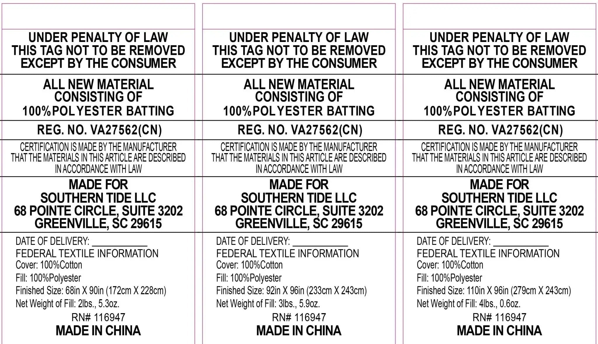 Multiple labels with text and product details on a white background
