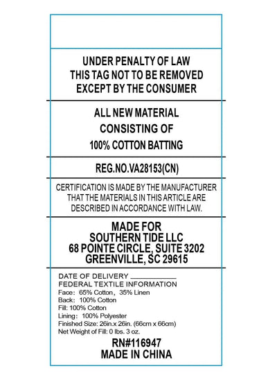 Product label with text about material composition, certification, and manufacturing details.