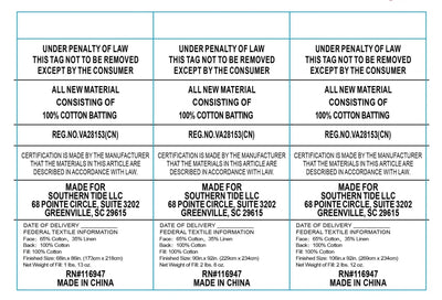 Text label with certification details for a product made by Southern Tide LLC.