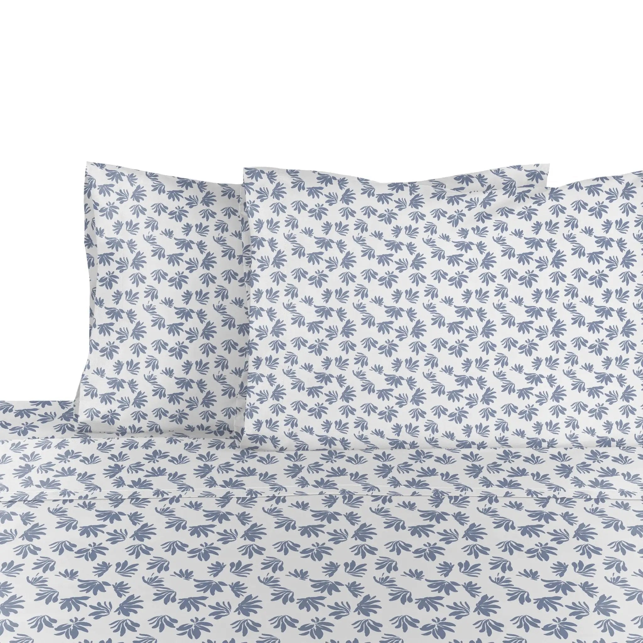 Gray patterned bed sheet set with two pillows on a white background