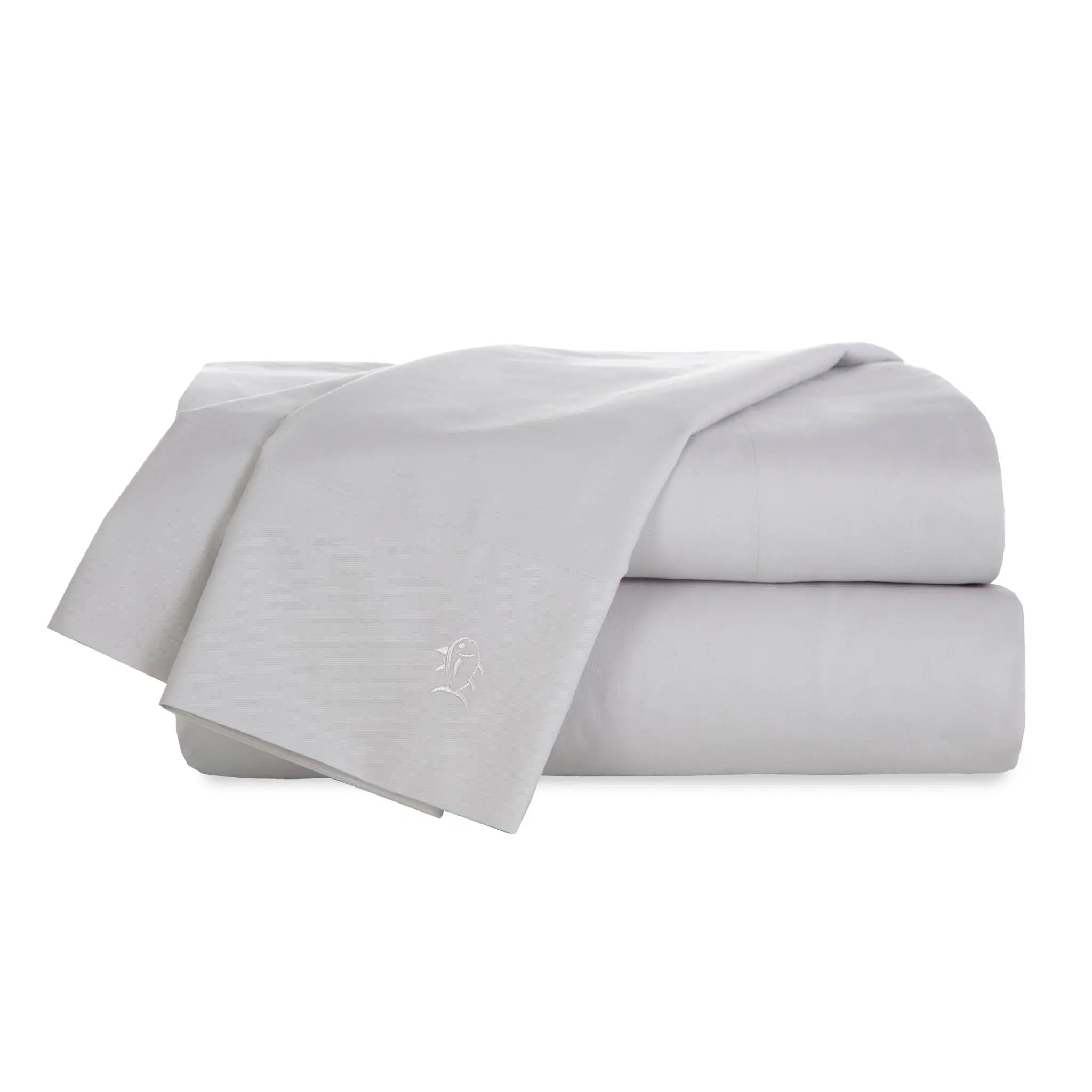 Gray bed sheets with a logo on a white background