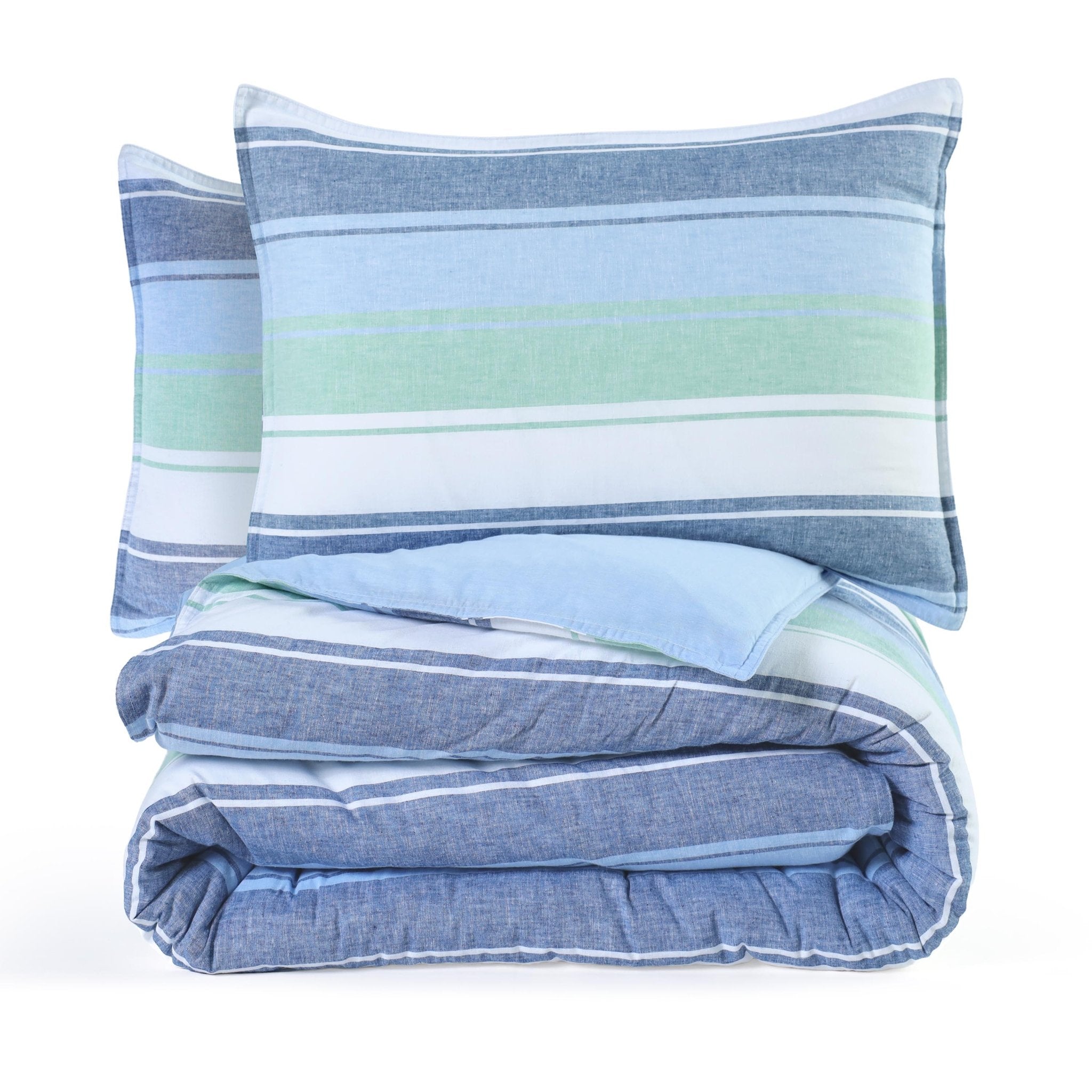 Blue and green striped comforter set with shams on a white background